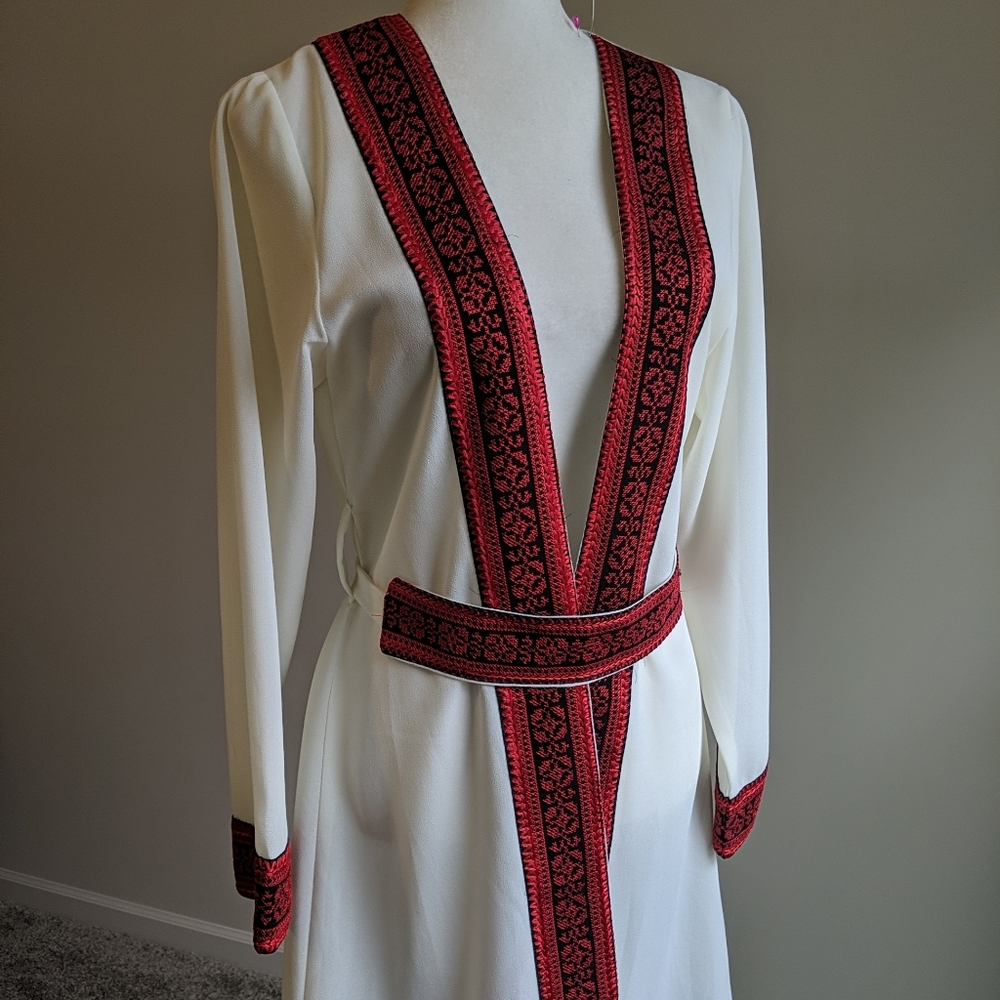 Palestinian short open dress,thoube,tatreez, embroidery, size 2/L white/red